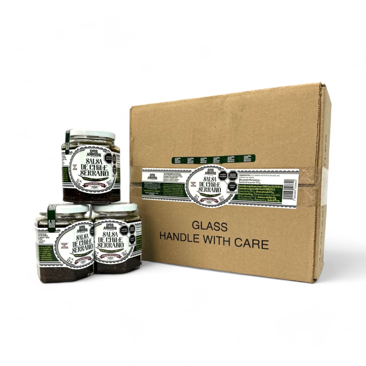 Caja de Salsa Chile Serrano, 250g, 12 pzs