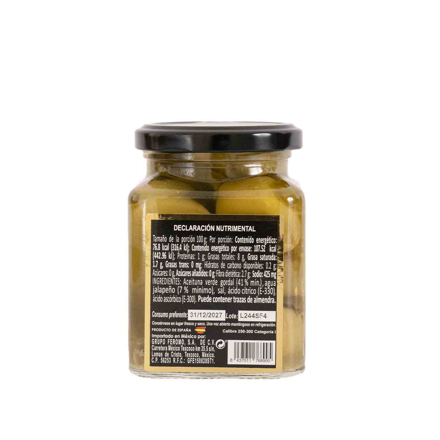 Caja de Aceituna Verde Gordal Rellena de Jalapeño, 300g, 12 pzs